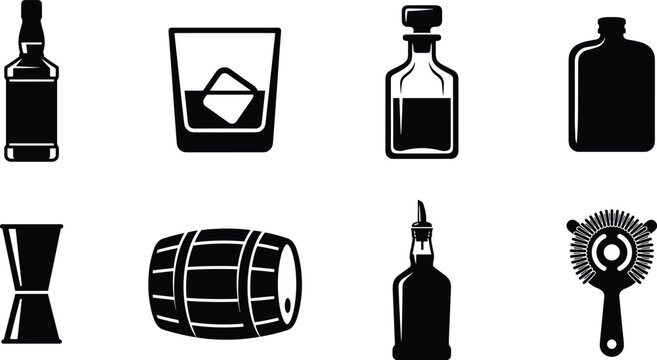 Whiskey and cocktail bar icon set featuring black silhouettes of liquor bottles, glass with ice, decanter, flask, jigger, wooden barrel, and strainer