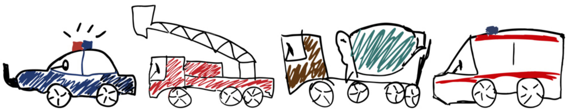 Children drawing of toy-like police car, fire truck, cement mixer, and ambulance. Children drawing emergency, construction, and service vehicles