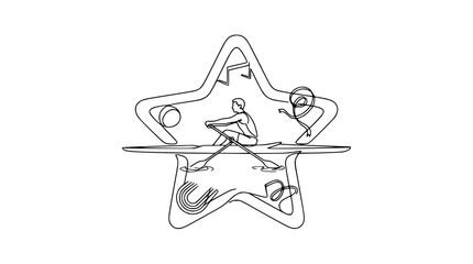 Single Line Art of Rower in Star Shape with Musical Notes and Abstract Forms © Mam