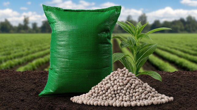 Bright fertilizer bag and seedling on rich soil in crop field under clear sky with clouds