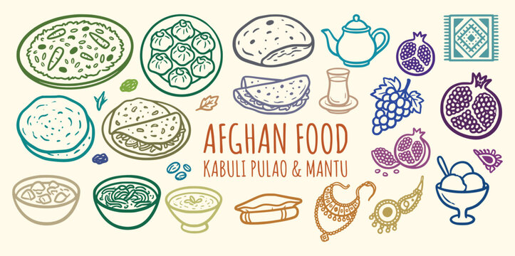 Afghan traditional food doodle sketch icons. kabuli pulao, mantu, naan bread, teapot, pomegranate. for middle east tourism brochures, cultural restaurant menus. flat outline vector art.