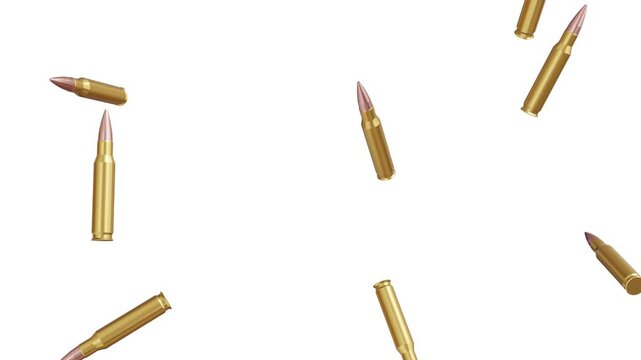 golden bullets falling on white screen. realistic 3d shiny brass ammunition cartridges rain on chroma key with luma matte seamless looping background 4k.