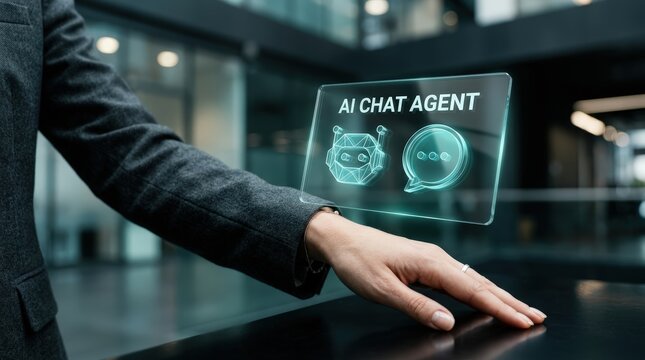 Businessman hand reaching for floating transparent artificial intelligence chat agent panel
