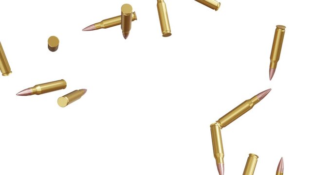 golden bullets falling on white screen. realistic 3d shiny brass ammunition cartridges rain on chroma key with luma matte seamless looping background 4k.
