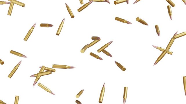 golden bullets falling on white screen. realistic 3d shiny brass ammunition cartridges rain on chroma key with luma matte seamless looping background 4k.