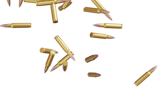 golden bullets falling on white screen. realistic 3d shiny brass ammunition cartridges rain on chroma key with luma matte seamless looping background 4k.