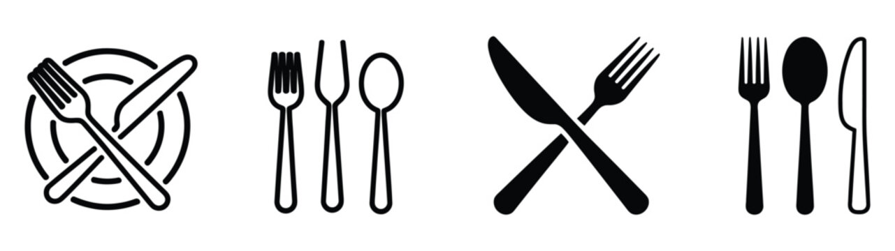 Cutlery arrangement illustration, crossed knife and fork symbol, spoon knife fork combinations, dining and restaurant icon set, isolated on transparent background vector design.