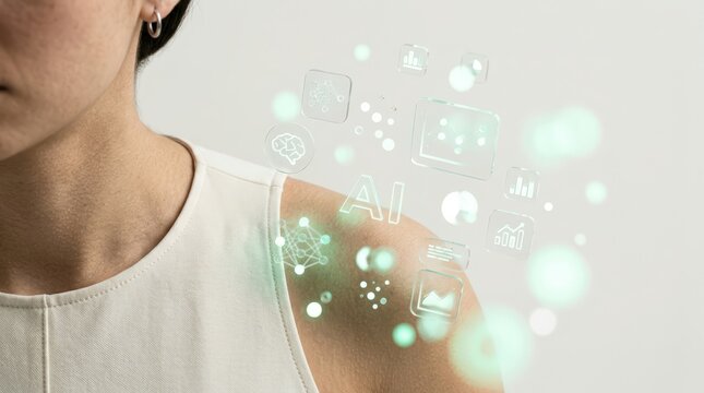 Woman shoulder with floating green holographic artificial intelligence icons