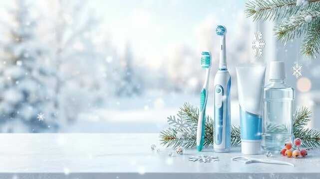 Winter dental care arrangement featuring manual toothbrush, electric toothbrush, toothpaste tube and mouthwash bottle on snowy table with fir branches and snowflakes. Holiday oral hygiene essentials
