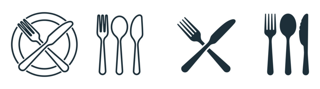 Cutlery arrangement illustration, crossed knife and fork symbol, spoon knife fork combinations, dining and restaurant icon set, isolated on transparent background vector design.