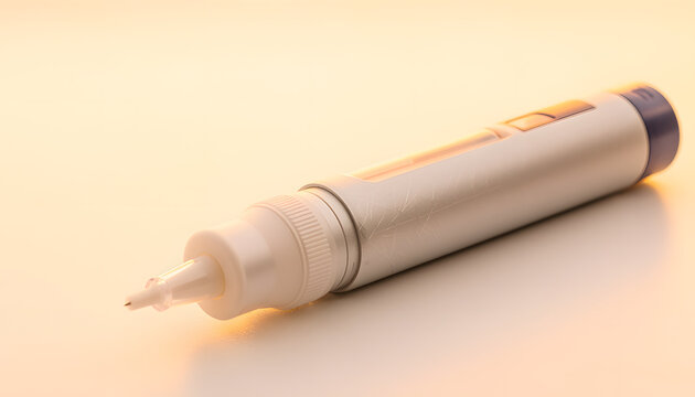 Close-up of a modern medical injector pen device with an exposed fine needle tip, resting on a warm tinted neutral surface, ideal for healthcare and subcutaneous injection concepts
