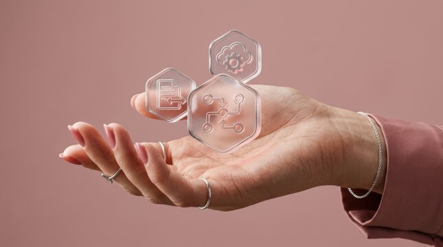 Hand holding floating transparent hexagonal icons of cloud gear and document sync