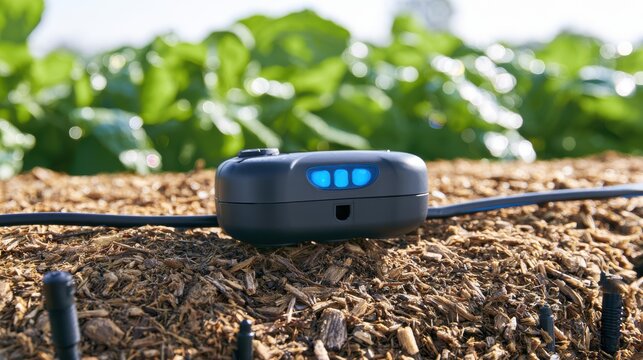 Smart irrigation controller unit with blue indicator lights outdoors