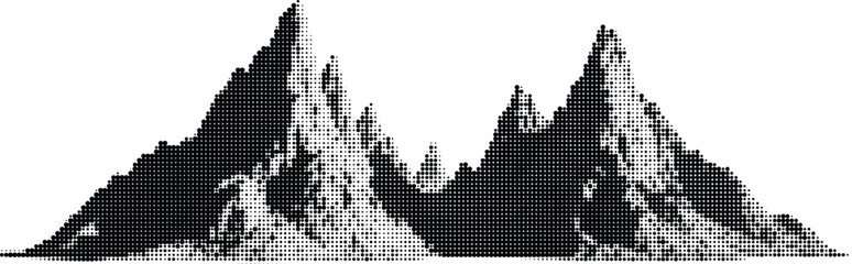 Obraz premium Dotted rendition of rugged mountain peaks and landscape against a gray checkered backdrop.