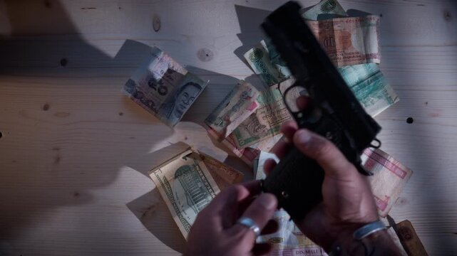 Crime and trafficking symbolized by a handgun held over stacks of money and a passport. Moody cinematic style with dark tones captured from a top-down technical perspective.