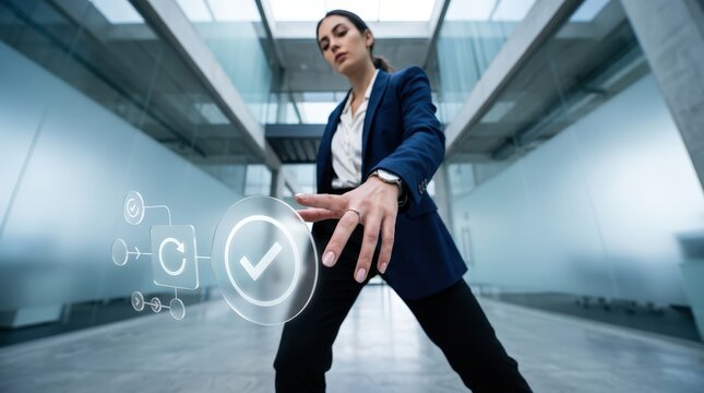 Corporate professional touching virtual business workflow and approval interface