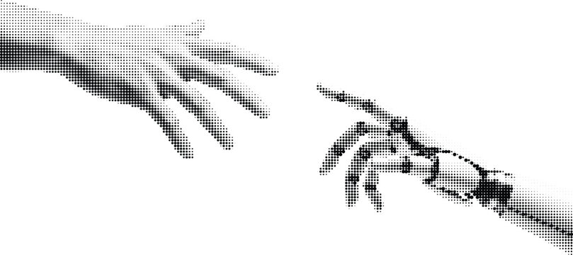 Halftone dot pattern illustration of two hands reaching towards each other, digital art, technology concept, connection, human touch, creation of adam.