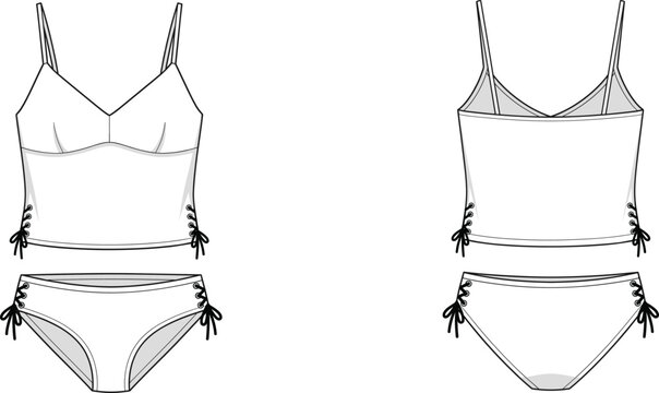 Women camisole and panties lingerie set vector sketch, side lace up fashion flat template