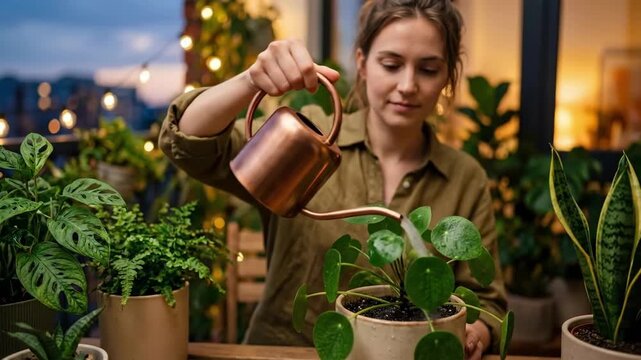 Woman watering houseplants on urban balcony at dusk with string lights. Cozy indoor gardening and plant care. Home greenery relaxation and nature connection concept