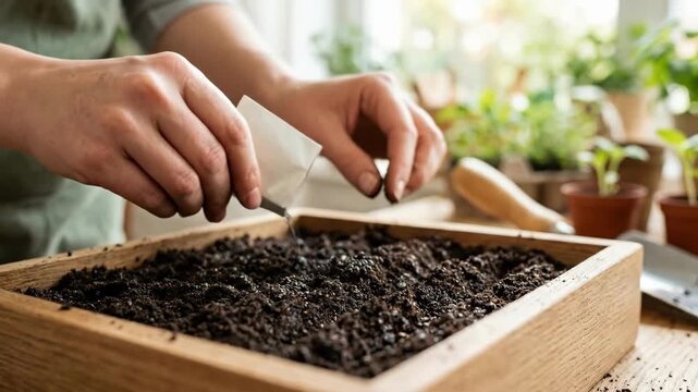 Woman planting seeds in wooden tray of soil. Closeup of hands sprinkling from packet into dirt with seedlings nearby. Home gardening and spring cultivation concept for indoor plant starting