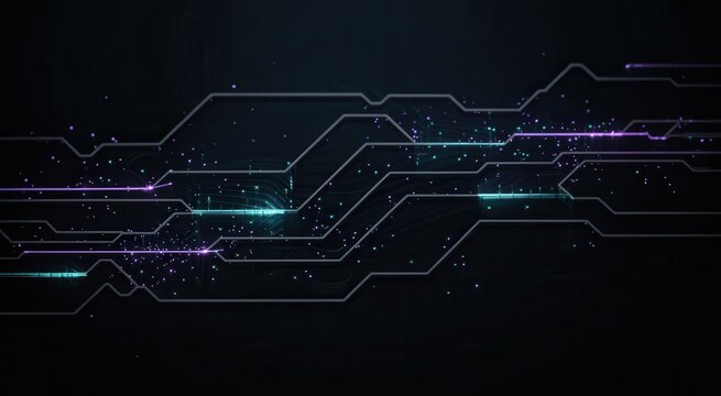 Abstract digital technology background with circuit board lines and glowing particles