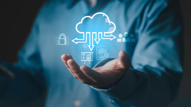 Digital transformation, cloud storage management, and global network connectivity. Hand under cloud computing icon with data security, document audit, and people icons.