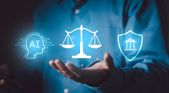 Regulated artificial intelligence, service legal security, finacial compliance monitoring for international business standards. Hand under scales of justice between AI and secure banking icons.