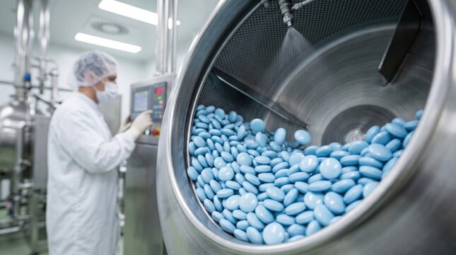 Pharmaceutical manufacturing scene with glossy tablets tumbling in coating drum, showing smooth surface texture, sterile precision and controlled quality production workflow.