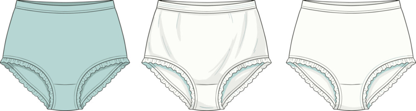 Women high waist briefs vector illustration, cotton panties set with ruffle trim design