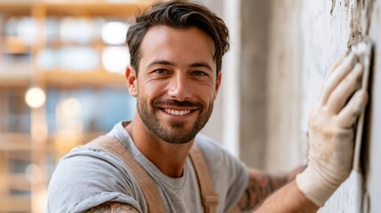 Obraz premium Worker smiles while applying plaster to a wall in a construction site during daytime