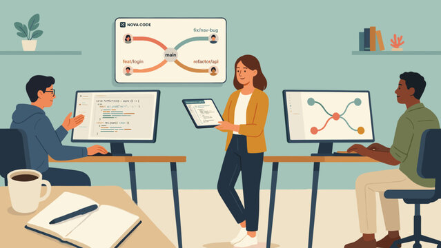 Software engineers collaborating on code &ndash; Great for tech startup websites, software development articles, or team collaboration tool graphics.