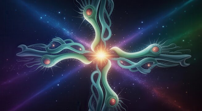 Cosmic alien entity with glowing eyes in deep space