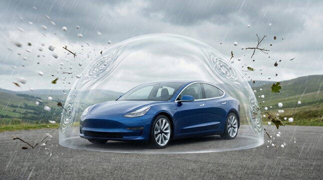 Premium insurance concept featuring hail stopped by a flexible clear barrier around a car, focused on auto coverage, damage prevention, trust and everyday driving confidence.