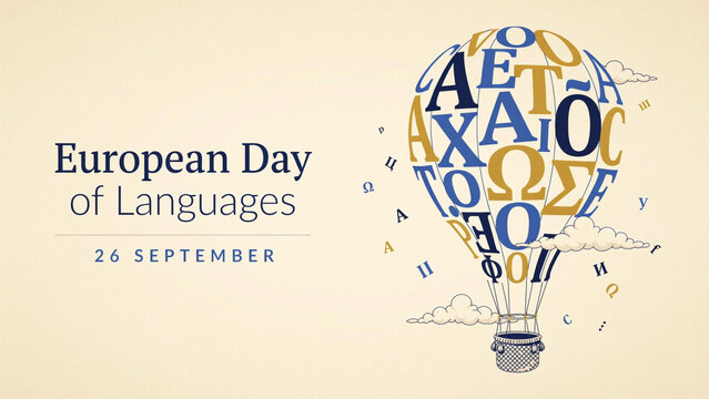 European day of languages poster design with hot air balloon made of various alphabet letters and characters