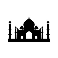 Masterpiece Taj Mahal icon featuring the iconic central dome and four minarets arranged in a perfectly symmetrical composition. Premium black and white vector emblem ideal for travel, tourism, geograp © puntip_a