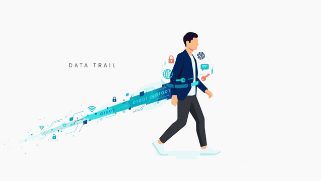 Walking professional leaving data footprint trail &ndash; Ideal for cybersecurity awareness, personal data management, or modern technology ethics.