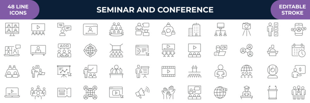 Seminar and Conference Icon Set. Containing Presentation, Meeting, Workshop, Speaker, Audience, Event, Webinar, Business Conference, Networking, Convention and etc. Line Icon. Editable Stroke. Vector