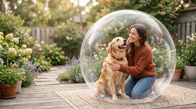 Surreal pet insurance image with dog and owner protected inside a transparent bubble, showing veterinary support, companionship, safety and trusted everyday coverage.