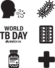 Naklejka premium Black and white vector graphic illustration showing medical icons related to world tuberculosis day awareness campaign for global health education