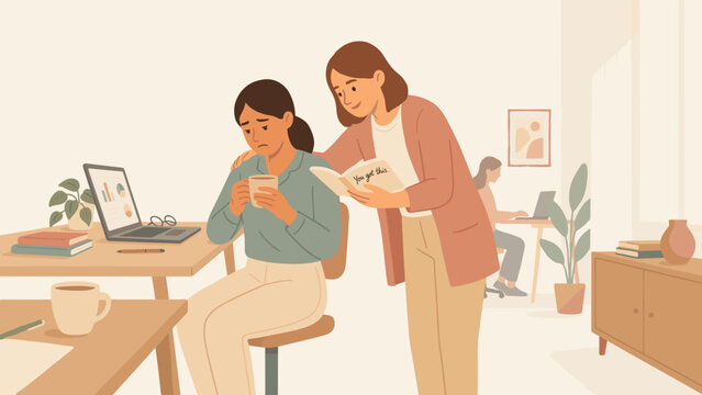 Workplace empathy and colleague support scene &ndash; Ideal for company culture presentations, emotional intelligence blogs, or teamwork training graphics.