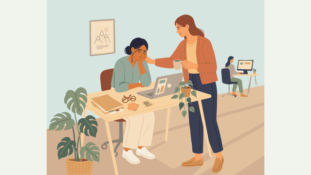Empathetic colleague supporting stressed teammate &ndash; Perfect for mental health at work campaigns, HR training materials, or healthy workplace blogs.