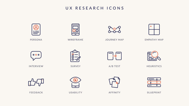 UX research deliverables monoline icon sheet &ndash; Perfect for user experience design portfolios, tech agency websites, or wireframing presentation tools.