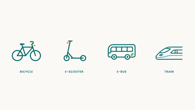 Flat sustainable city transit option symbols &ndash; Suitable for wayfinding signage design, green commuting blogs, or mobility application interfaces.