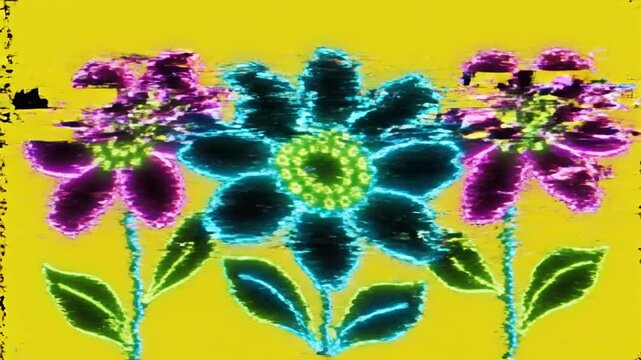 Retro VHS Glitch Animation of Neon Flowers on Yellow Background