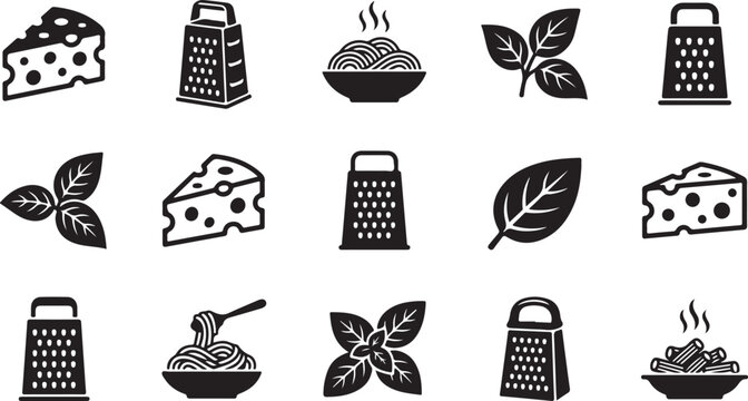 Professional black and white vector illustration set featuring culinary icons like cheese graters pasta bowls and fresh basil leaves