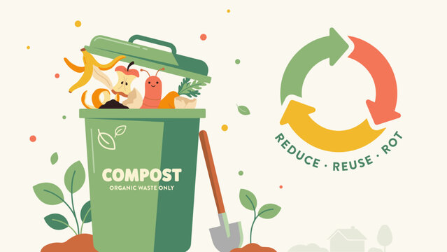 Organic recycling compost bin with food waste &ndash; Perfect for city composting guidelines, household waste reduction, or environmental education.