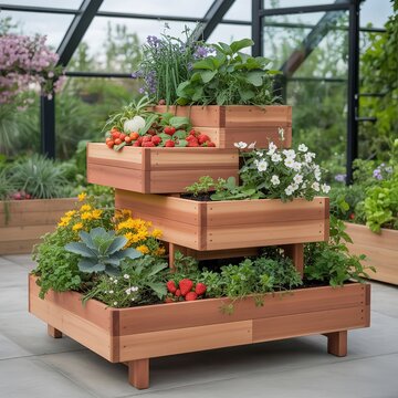 Multi-tiered wooden garden planter with colorful flowers and plants in a greenhouse