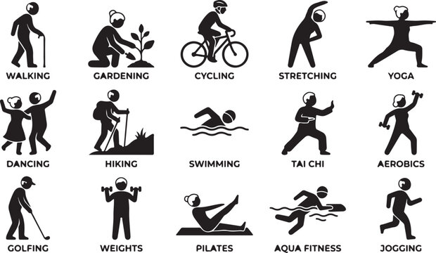 Set of black vector icons showing elderly people performing various daily physical activities and healthy lifestyle exercises in flat style