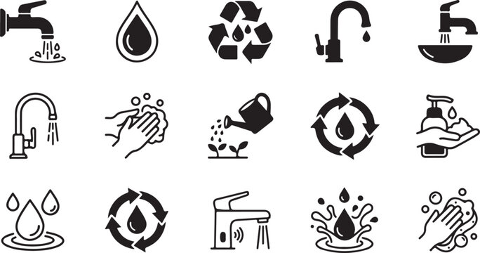 Set of black water related icons featuring taps drops washing hands and conservation symbols in a clean vector graphic design
