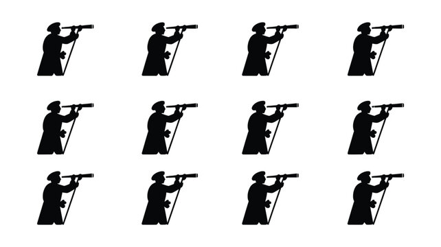 Man in 18th century attire looking through a spyglass in various positions